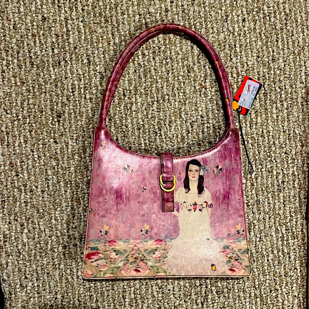 Icon Gustav Klimt Art Painted Leather Purse  “Violet” Docs and Storage Bag